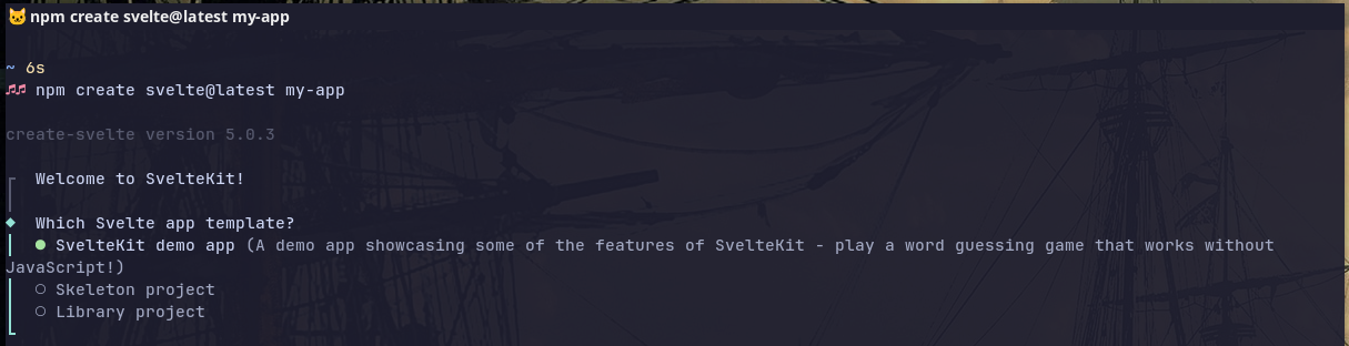 Screenshot of initialising a Svelte app via the terminal